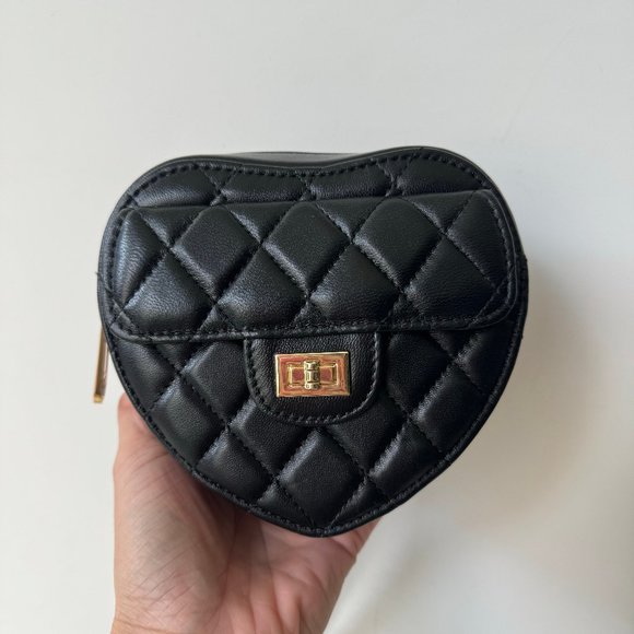 None Handbags - Mini Black Leather Quilted In Love Heart Sling Zipper Bag Gold Hardware Chain B1
